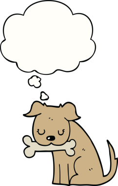 Bir insan tarafından çizilmiş düşünce baloncuklu çizgi film köpeği.