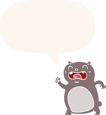 Konuşma baloncuğu olan çizgi film kedisi insan tarafından çizilmiş.