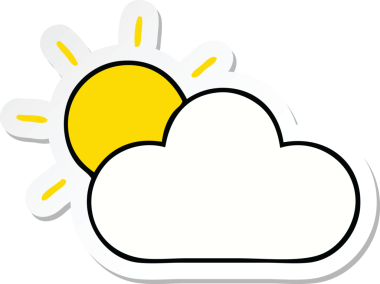 Bir insan tarafından çizilmiş şirin bir karikatür güneş ışığı ve bulut çıkartması.