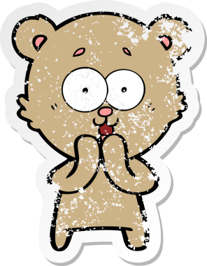 Bir insan tarafından çizilmiş gülen oyuncak ayının sıkıntılı çıkartması.