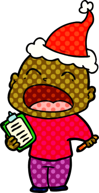 Bir insan tarafından çizilmiş Noel Baba şapkası giymiş bağıran kel bir adamın el çizimi çizgi roman çizimi.