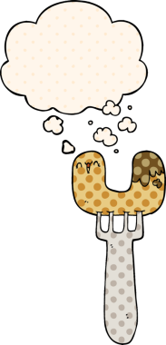 Çizgi roman tarzında bir insan tarafından çizilmiş düşünce baloncuğu olan çatal üzerinde çizgi film sosisi.