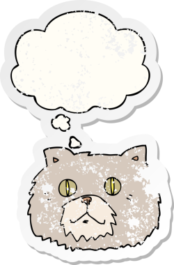 Düşünce baloncuklu çizgi film kedisi yüzü bir insan tarafından çizilmiş yıpranmış bir çıkartma gibi.