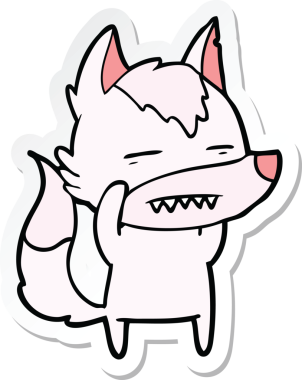 Bir insan tarafından çizilmiş dişleri gösteren bir kurt çizgi film etiketi.