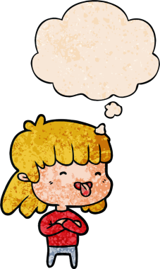 Çizgi filmdeki kız, bir insan tarafından çizilmiş grunge desenli düşünce baloncuğuyla dilini dışarı çıkarıyor.