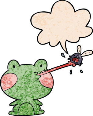 Çizgi film karakteri kurbağası sineği dilinden yakalayıp insan tarafından çizilmiş eski moda konuşma baloncuğuyla sineği yakalıyor.