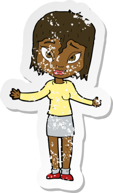 Bir insan tarafından çizilmiş omuzlarını silken karikatürlü bir kadının gerilmiş çıkartması.