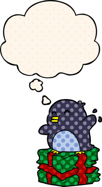 Çizgi roman tarzında bir insan tarafından çizilmiş düşünce baloncuğu olan penguen.