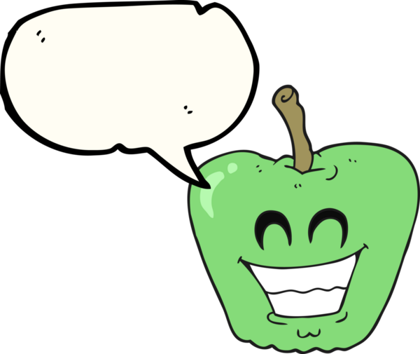 Bir insan tarafından çizilmiş serbest konuşma balonu çizilmiş sırıtan elma.