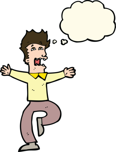 Bir insan tarafından çizilmiş düşünce baloncuğuyla dehşete düşmüş bir adam.