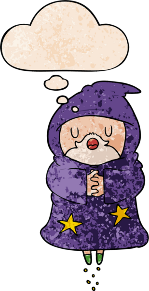 bir insan tarafından çizilmiş grunge doku biçiminde düşünce baloncuğu ile yüzen çizgi film sihirbazı