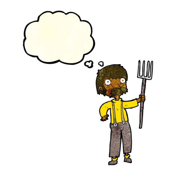 Bir insan tarafından çizilmiş düşünce baloncuklu dirgenli çizgi film çiftçisi.