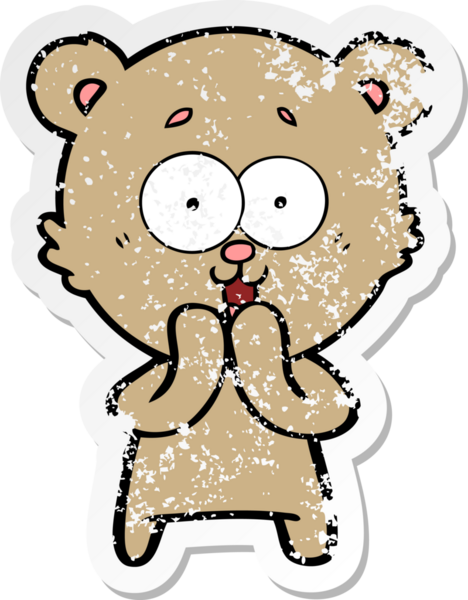 Bir insan tarafından çizilmiş gülen oyuncak ayının sıkıntılı çıkartması.