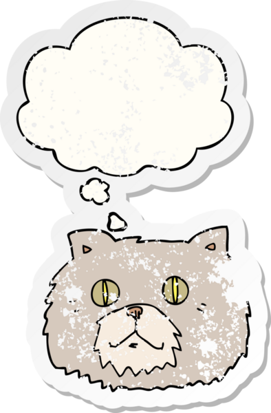 Düşünce baloncuklu çizgi film kedisi yüzü bir insan tarafından çizilmiş yıpranmış bir çıkartma gibi.