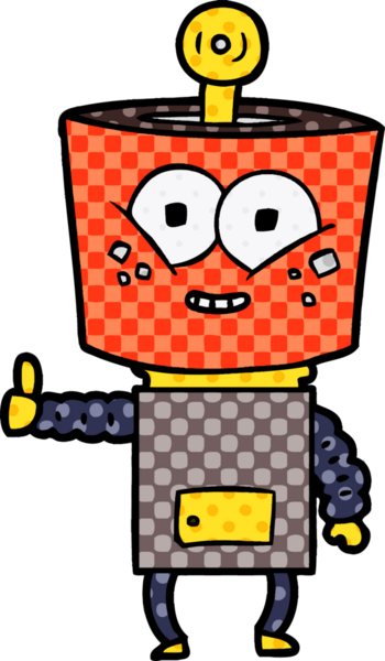 Bir insan tarafından çizilmiş mutlu çizgi film robotu.