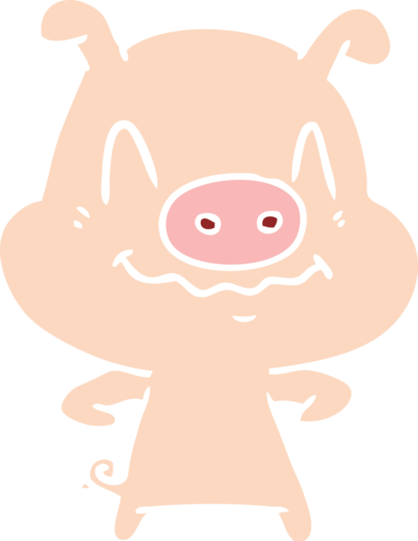 Bir insan tarafından çizilmiş düz renkli çizgi film domuzu.