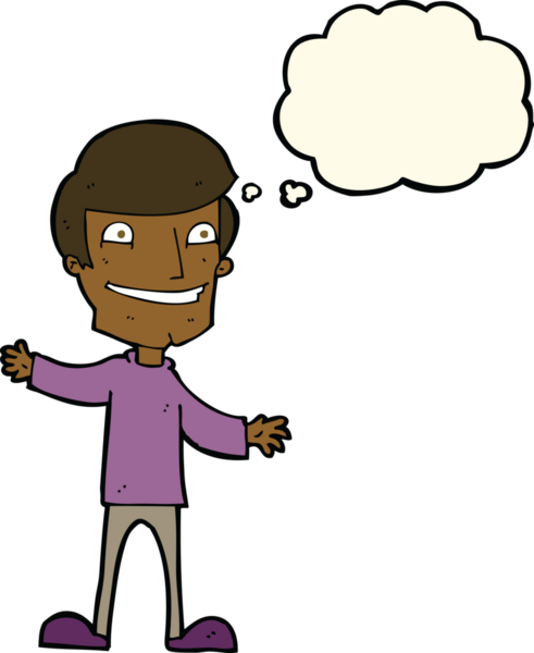 Bir insan tarafından çizilmiş düşünce baloncuğu ile sırıtan çizgi film adamı.