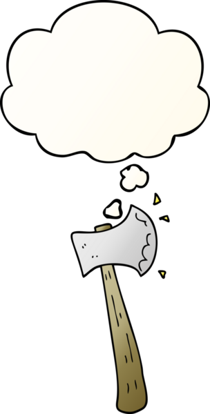 Düşünce baloncuğu olan çizgi film baltası bir insan tarafından çizilmiş.