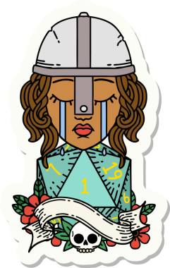 Ağlayan bir insan dövüşçüsünün çıkartması. Bir insan tarafından çizilmiş doğal bir D20 zarlı.