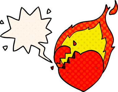 Bir insan tarafından çizilmiş çizgi roman tarzında konuşma baloncuğu olan yanan bir kalp.