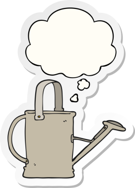 Düşünce baloncuklu çizgi film sulama kutusu insan tarafından çizilmiş bir çıkartma gibi.