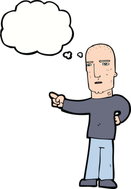 Bir insan tarafından çizilmiş düşünce baloncuğuyla işaret eden sert adam.