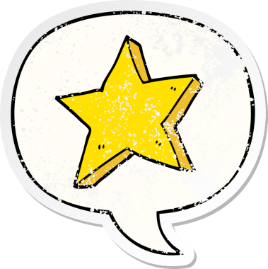 Konuşma baloncuğu olan bir çizgi film yıldızı bir insan tarafından çizilmiş sıkıntılı eski bir çıkartma