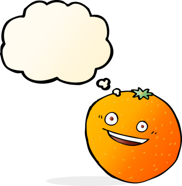 Mutlu turuncu çizgi film. Düşünce baloncuğu insan tarafından çizilmiş.