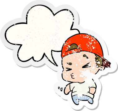 Konuşma balonu olan havalı çocuk, bir insan tarafından çizilmiş sıkıntılı eski bir çıkartma.