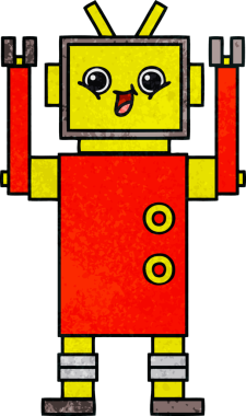 Bir insan tarafından çizilmiş mutlu bir robotun retro grunge dokusu.