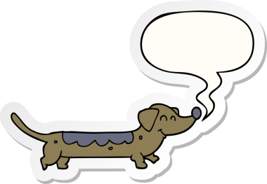 Bir insan tarafından çizilmiş konuşma balonu çıkartmalı çizgi film köpeği.