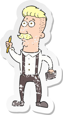 Bir insan tarafından çizilmiş defteri olan karikatürcü adamın gerilimli retro yapıştırması.