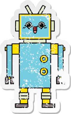 Bir insan tarafından çizilmiş sevimli bir robot çizgi film çıkartması.