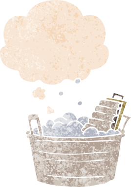 Karikatür, eski çamaşır tahtası ve kovayla grunge 'de düşünce baloncuğu bir insan tarafından çizilmiş tedirgin geçmiş dokuma tarzı.