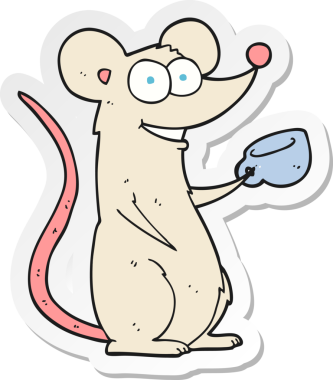 Bir insan tarafından çizilmiş bir fincan çayla bir çizgi film faresinin çıkartması.