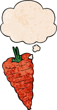 Düşünce baloncuklu çizgi film havucu. Bir insan tarafından çizilmiş grunge desen tarzı.