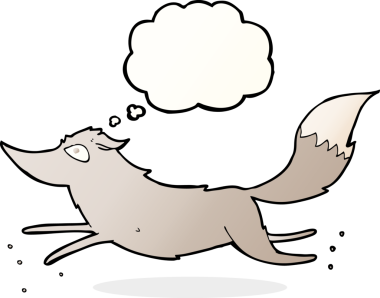 Bir insan tarafından çizilmiş düşünce baloncuğuyla koşan çizgi film kurdu.