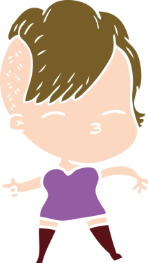 Düz renkli çizgi film çizen kız bir insan tarafından çizilmiş.