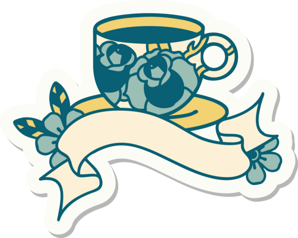 Bir fincanın pankartıyla dövme stili çıkartması ve bir insanın çizdiği çiçekler