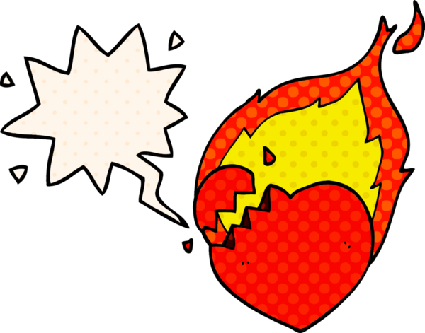 Bir insan tarafından çizilmiş çizgi roman tarzında konuşma baloncuğu olan yanan bir kalp.