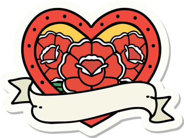 Geleneksel kalp stili dövme çıkartması ve bir insan tarafından çizilmiş çiçekli pankart.