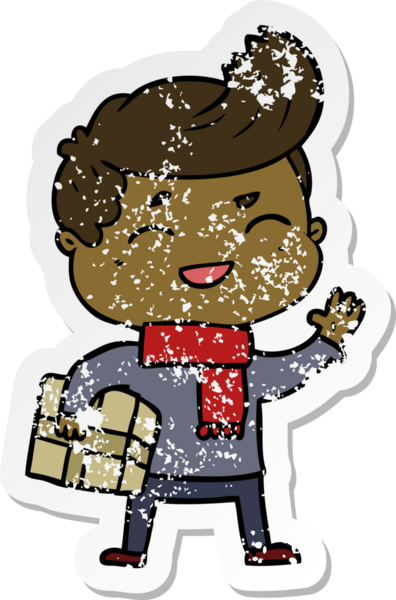 Bir insan tarafından çizilmiş paketi taşıyan, gülen bir çizgi film karakterinin sıkıntılı çıkartması.