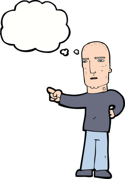 Bir insan tarafından çizilmiş düşünce baloncuğuyla işaret eden sert adam.