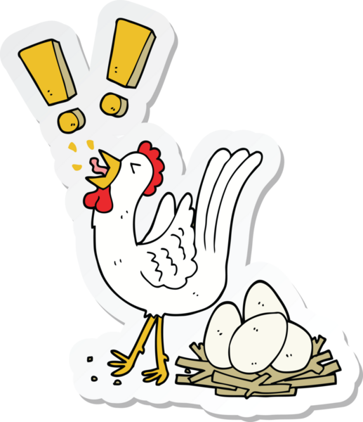 Bir insan tarafından çizilmiş yumurta bırakan çizgi film tavuğunun çıkartması.