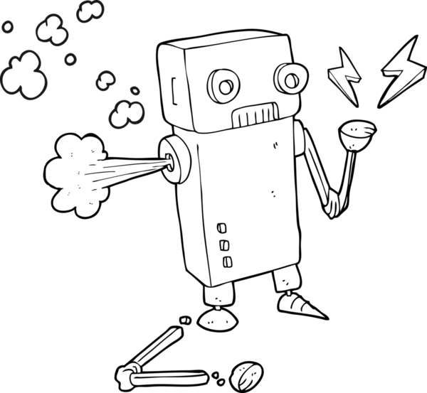 Bir insan tarafından çizilmiş siyah beyaz robot çizimi.