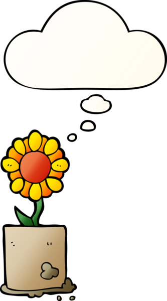Düşünce baloncuğu olan karikatür çiçeği bir insan tarafından çizilmiş.