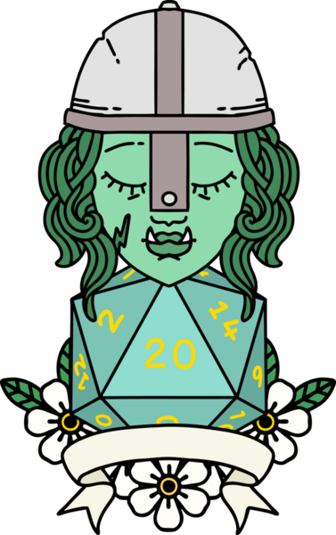 Retro Dövme Tarzı Yarı Ork Dövüşçüsü Bir insan tarafından çizilmiş doğal yirmi zar atışıyla