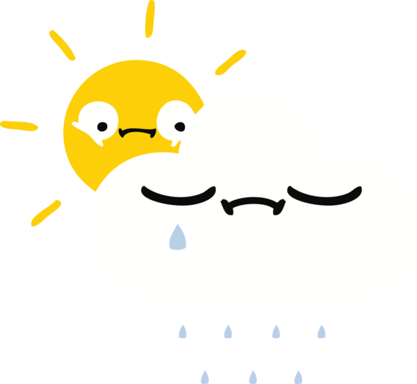 Bir insanın çizdiği düz renkli güneş ışığı ve yağmur bulutu karikatürü