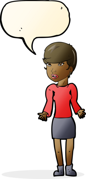 Bir insan tarafından çizilmiş konuşma balonu olan kafası karışık bir kadın çizgi filmi.