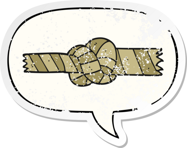 Karikatür düğümlü, konuşma baloncuklu bir halat. Bir insan tarafından çizilmiş sıkıntılı eski bir çıkartma.